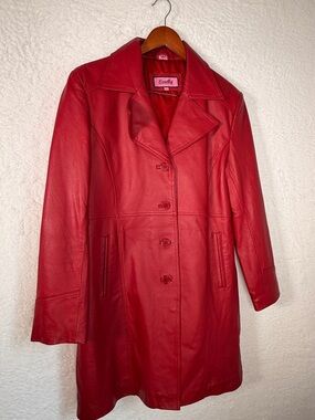 Excelled Collection Red Genuine Leather Trench Coat Women’s Large Vintage Y2K